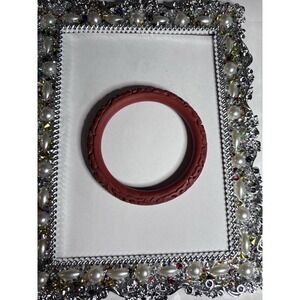Vintage Chinese Cinnabar Style Red Carved Floral Lacquer Bangle Bracelet Size 8